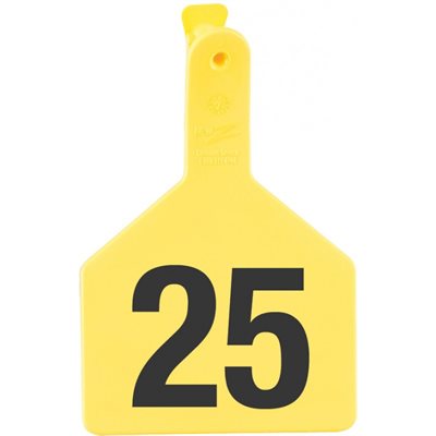 Z Tags™ 053902 One-Piece Short Neck Numbered 26 - 50 No-Snag Ear Tag, 2-3 / 8 inch x 3-1 / 4 inch, Yellow, For Calf