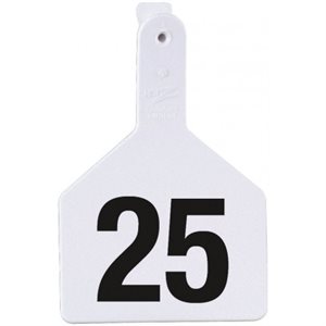 Z Tags™ 053932 One-Piece Short Neck Numbered 26 - 50 No-Snag Ear Tag, 2-3 / 8 inch x 3-1 / 4 inch, White, For Calf